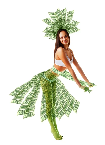 Mujer feliz bailando en vestido de dinero verde —  Fotos de Stock