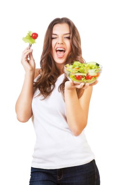 mutlu kız domates ve salata çatalı holding