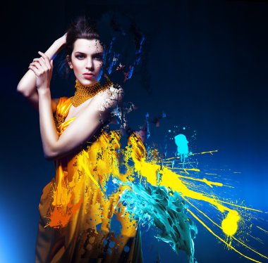 sensual sexy woman in long yellow dress and splatter clipart
