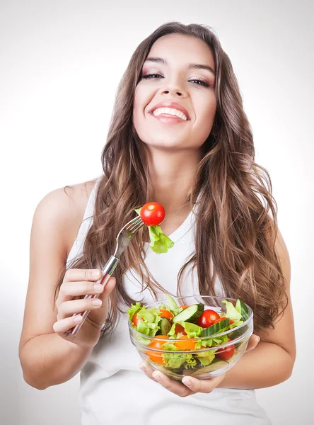 Happy healthy woman with salad — Stock Photo, Image