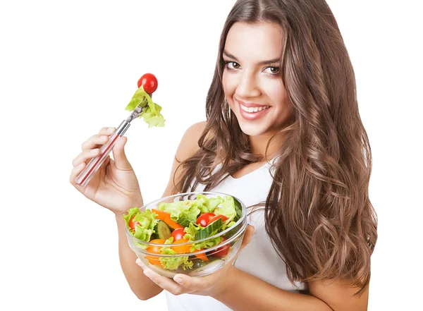 Радостная девушка с салатом — стоковое фото