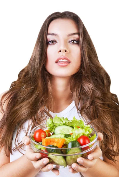 Sexy beautiful woman with long hair and salad — Stock Photo, Image