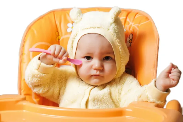 Menino comendo com colher — Fotografia de Stock