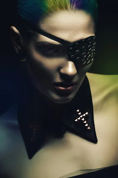 Mysterious woman in black collar and eye-patch — Stock Photo, Image