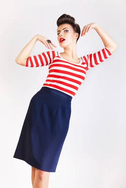 Cute american woman in striped t-shirt — Stock Photo, Image