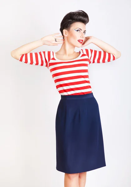 Cute pretty woman in striped t-shirt — Stock Photo, Image