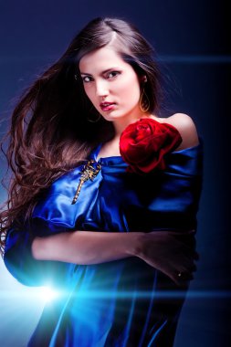 mavi elbiseli güzel bir kadın portresi sanat