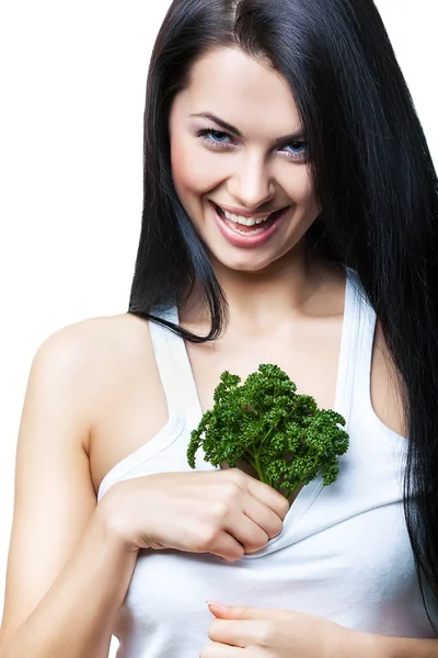 Flirting woman with parsley in top — Stock Photo, Image