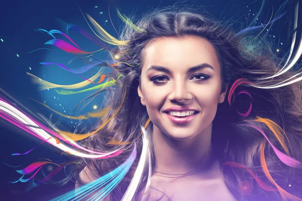 Smiling girl with rainbow on wind — Stock Photo, Image