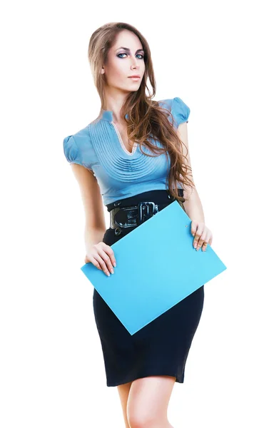 Sexy business woman with blue folder in black skirt — Stock Photo, Image