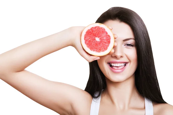 Menina bonito feliz e toranja — Fotografia de Stock