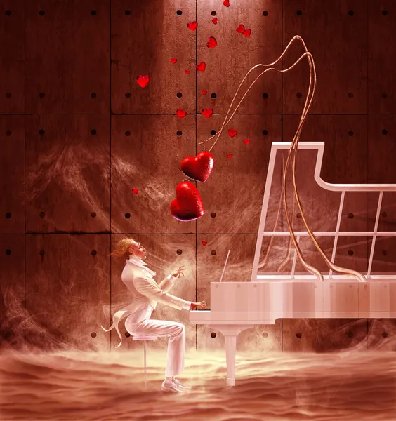 Saint Valentine's gün piyanist ve uçan Kalpler — Stok fotoğraf