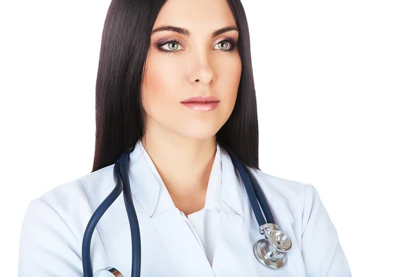 Beautiful doctor in white coat with stethoscope — Stock Photo, Image