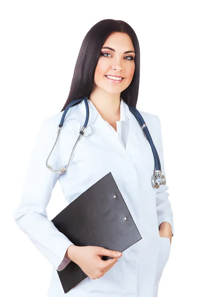 Medico sorridente con stetoscopio e cartella — Foto Stock