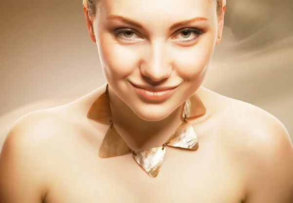 Adult woman with accessorize on sepia background — Stock Photo, Image