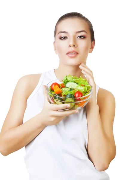 Menina feliz com salada — Fotografia de Stock