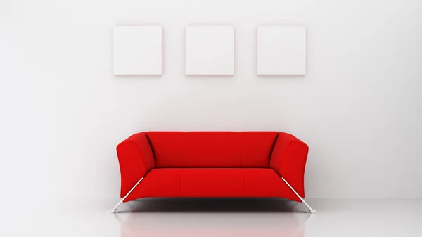 Minimalist living room with red couch and three picture frames — Stock Photo, Image