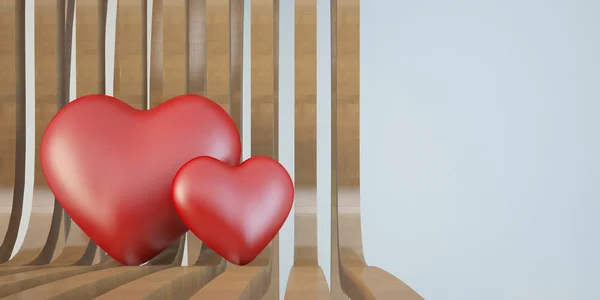 Due cuore 3d sulla sedia di legno, concetto di amore — Foto Stock