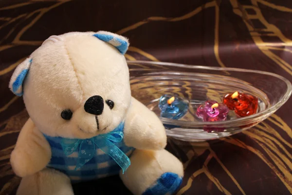 Teddybär mit Schale schwimmender Kerze — Stockfoto