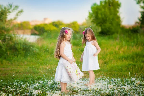 Roztomilé dívky baví s polštáři venkovní — Stock fotografie