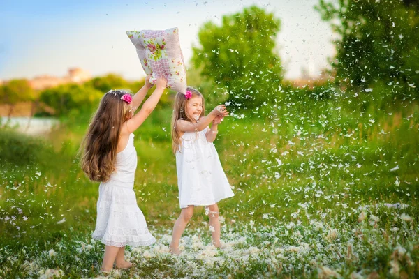 Cute meisjes met plezier met kussens buiten Rechtenvrije Stockfoto's