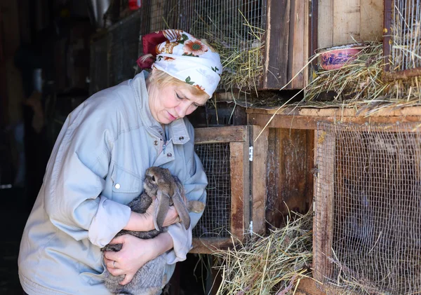 Mulher cuida dos coelhos na fazenda — Fotografia de Stock