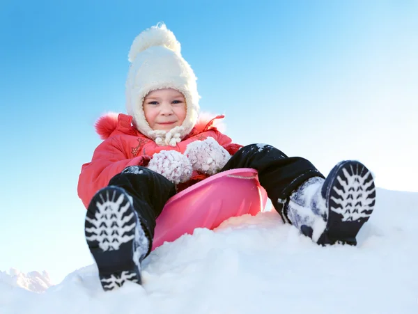 Girl with sleds on the hill — Stock Photo, Image