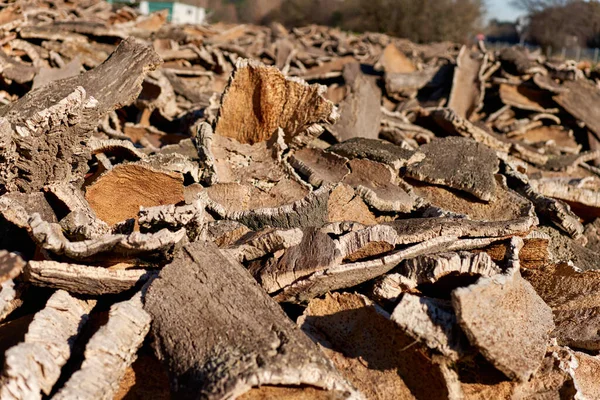 Stacked wood bark production for processing — 图库照片