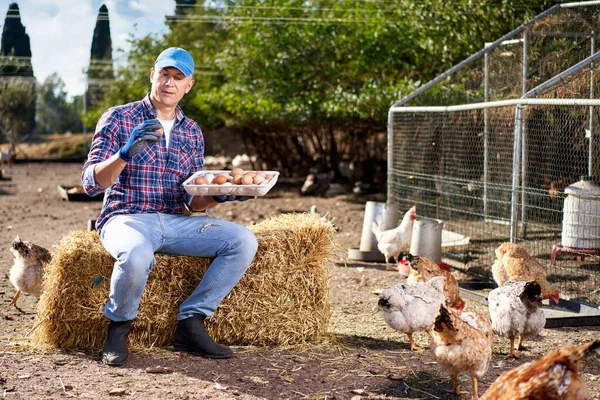 Orgulhoso jovem segurando uma cesta cheia de ovos com galinhas atrás dele . — Fotografia de Stock