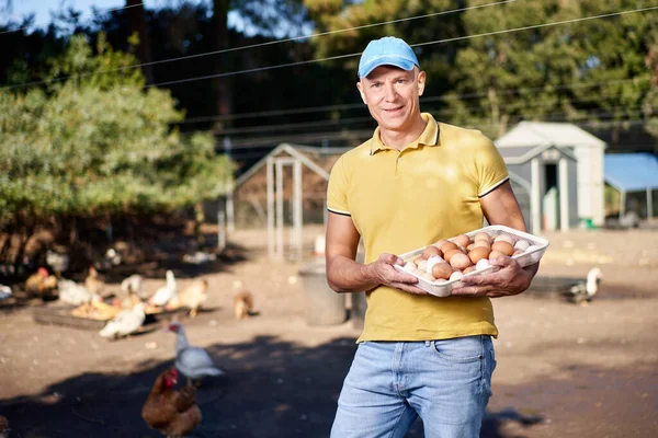 Ekolojik çiftlikte tavuk yumurtası tutan erkek çiftçi — Stok fotoğraf