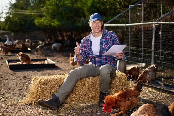 Boldog gazda aláírja a szerződést a csirkefarmon — Stock Fotó