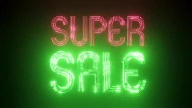 Süper Satış neon pankartı, animasyon. Siyah arka planda kırmızı ve yeşil neon ışıklar parlıyor. İndirimli reklam afişi özel teklif etiketi. İndirim izni için acil satış kampanyası. İnternetten büyük indirim. Hareket 4k görüntüsü