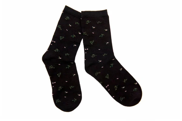 Deux Chaussettes Noires Avec Motif Floral Isolé Sur Fond Blanc — Photo