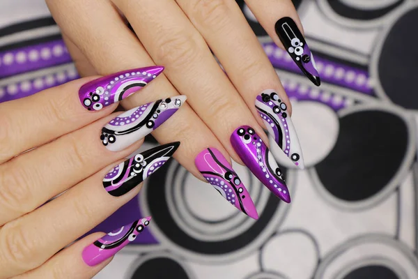 Manicure Long Nails Dots Lines Stock Picture