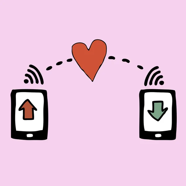 Illustraton kalp gönderme elle çizilmiş akıllı telefon — Stok Vektör