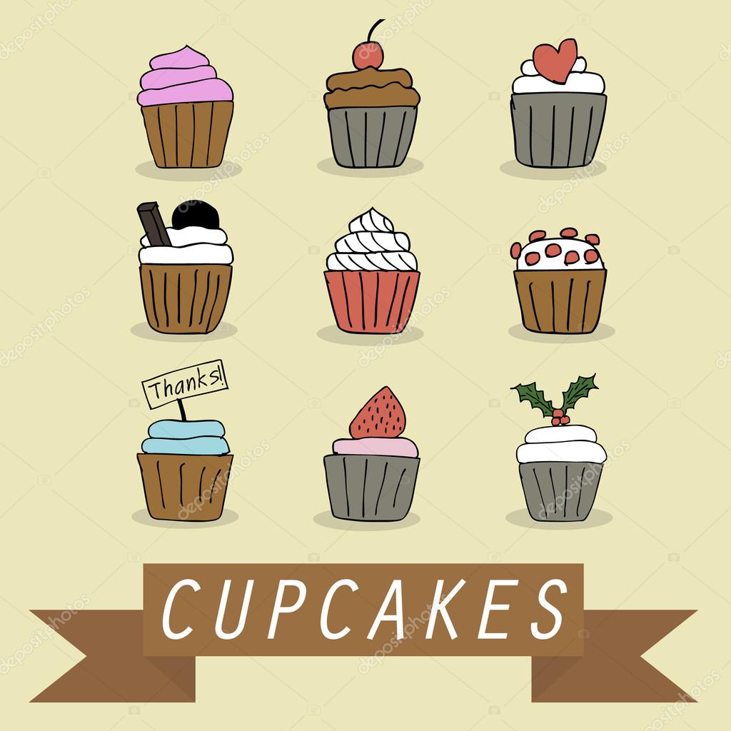 Illustration of hand drawn lovely cupcakes icons