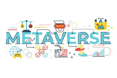 Metaverse word lettering illustration with icons for web banner, flyer, landing page, presentation, book cover, article, etc.