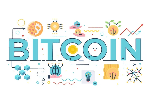 Illustration Lettrage Mot Bitcoin Avec Des Icônes Pour Bannière Web — Image vectorielle