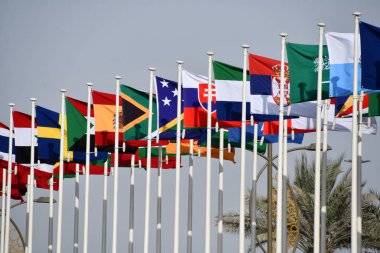 DUBAI, BAE - 20 DEC: 20 Aralık 2021 'de Dubai, BAE' deki Dünya Fuarı bayrakları.