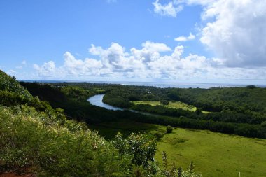 Hawaii 'deki Kauai Adası, Kapaa' daki Poliahu Heiau 'dan Wailua Nehri Eyalet Parkı manzarası