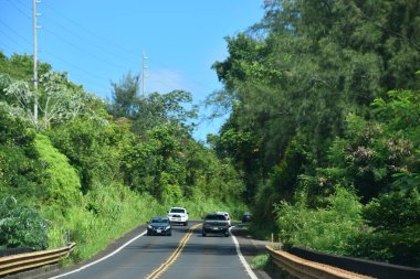 KAUAI HI - 19 AUG: 19 Ağustos 2021 'de görüldüğü gibi Hawaii' deki Kauai adasının etrafında araba sürmek.
