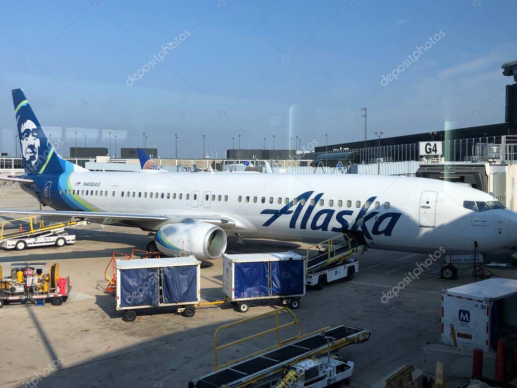 CHICAGO, IL - AUG 28: Alaska Airlines plane at OHare Aiport in Chicago, Illinois, as seen on Aug 28, 2023.
