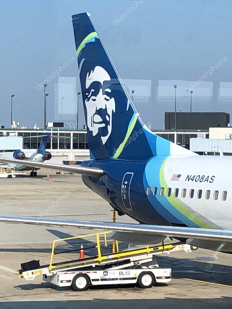 CHICAGO, IL - AUG 28: Alaska Airlines plane at OHare Aiport in Chicago, Illinois, as seen on Aug 28, 2023.