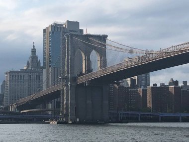 New York, New York - 1 Ağustos 2021 'de Brooklyn Köprüsü' nde görüldüğü gibi. Amerika Birleşik Devletleri 'ndeki en eski yol köprülerinden biridir ve dünyanın ilk çelik telli asma köprüsü olmuştur..