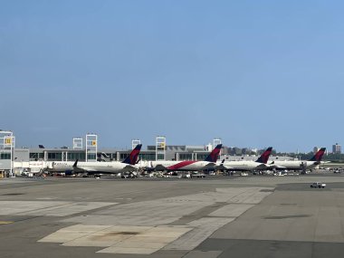 NEW YORK, NY - JUL 23: Delta Airlines planes at John F. Kennedy Airport in New York, as seen on July 23, 2021.