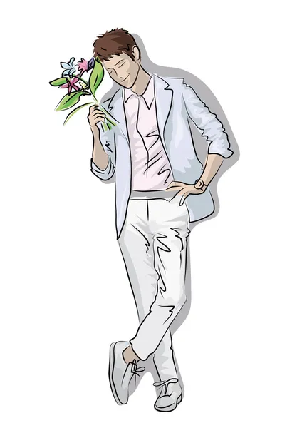 Man met een boeket bloemen — Stockvector