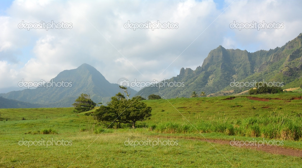 Hawaii. Mountains with blue sky and clouds