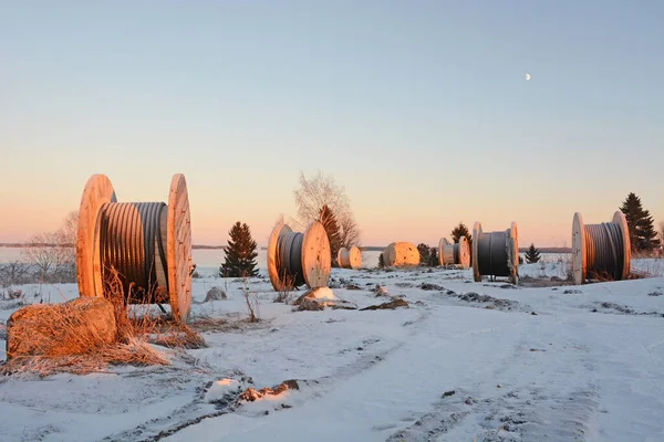 Reel Power Cable Frozen Onego Lake Καρελία Δημοκρατία Ρωσία — Φωτογραφία Αρχείου