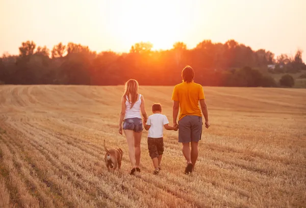 Familia feliz con perro paseando — Foto de Stock