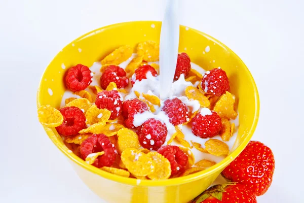 Tazón de copos de cereales, frambuesas y leche —  Fotos de Stock